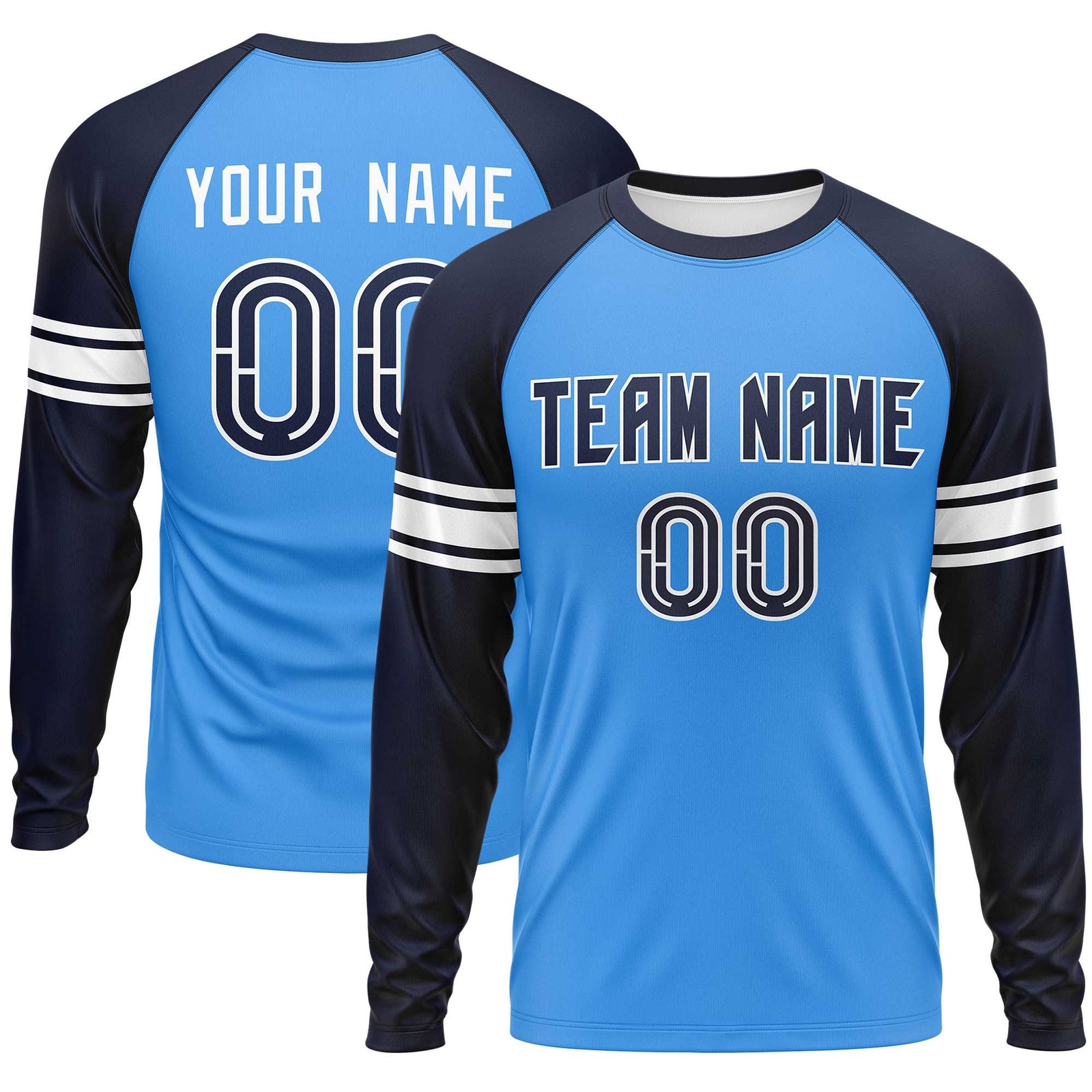 Custom Powder Blue Navy White Crew Neck Personalized Raglan Long Sleeve Performance T-shirt