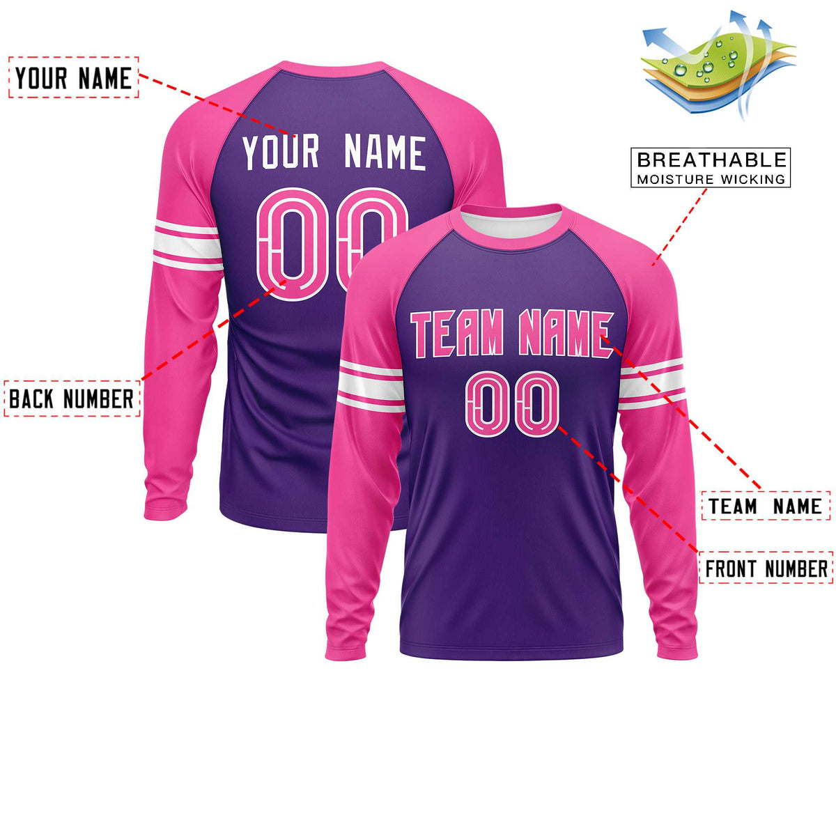 Custom Purple Pink White Crew Neck Personalized Raglan Long Sleeve Performance T-shirt