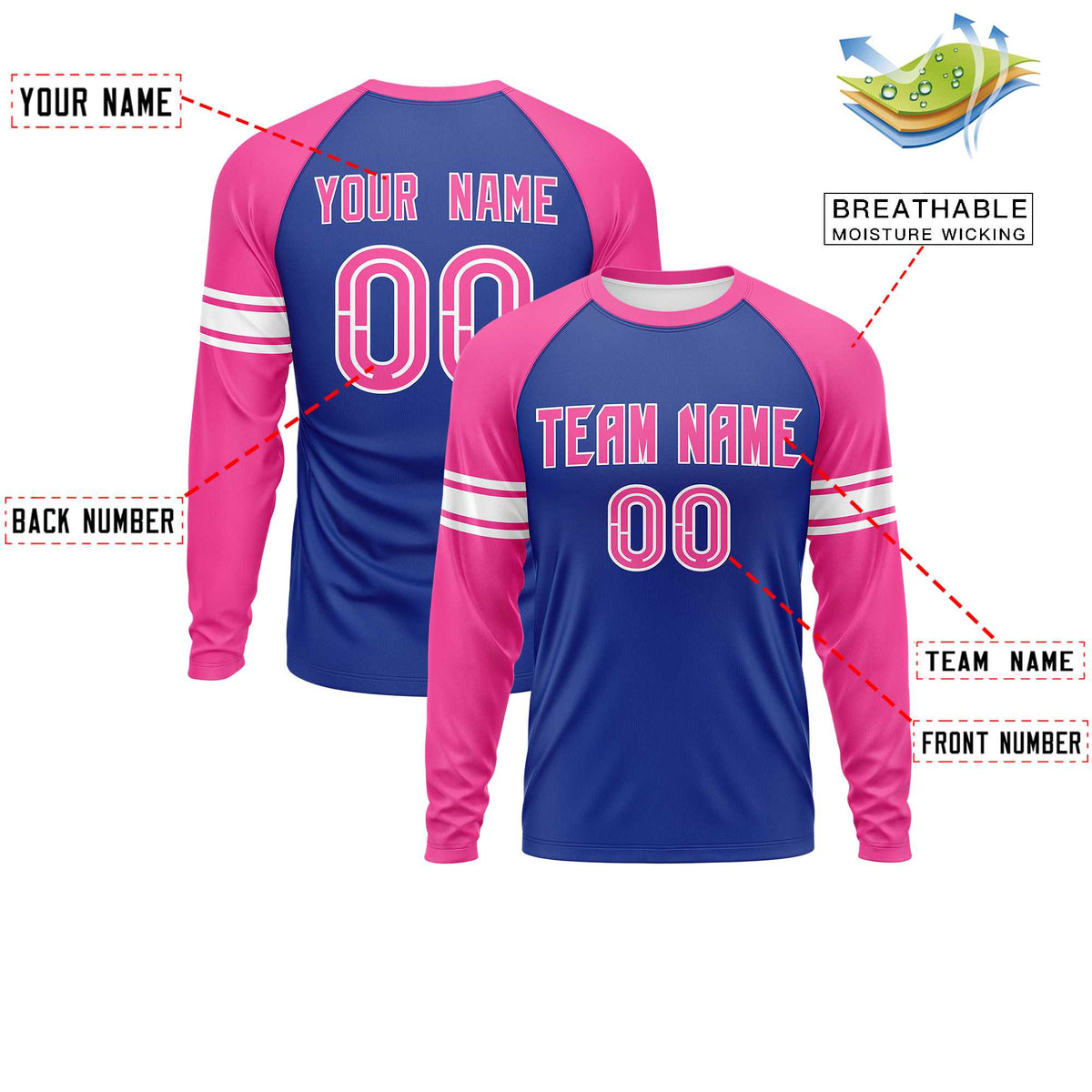 Custom Royal Pink White Crew Neck Personalized Raglan Long Sleeve Performance T-shirt