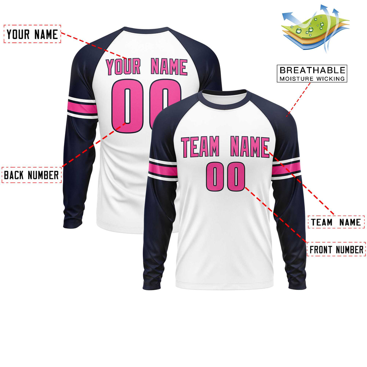 Custom White Navy Pink Crew Neck Personalized Raglan Long Sleeve Performance T-shirt
