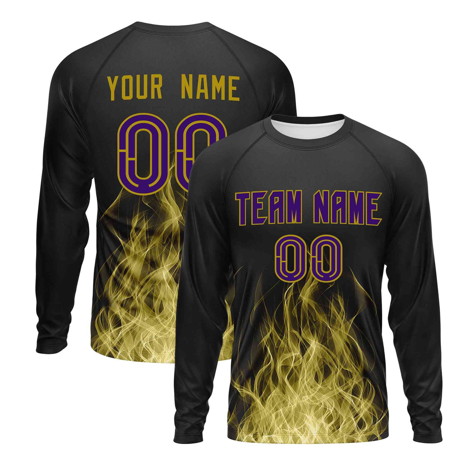 Custom Black Old Gold Colorful Flame Pattern Long Sleeve Performance T-Shirt