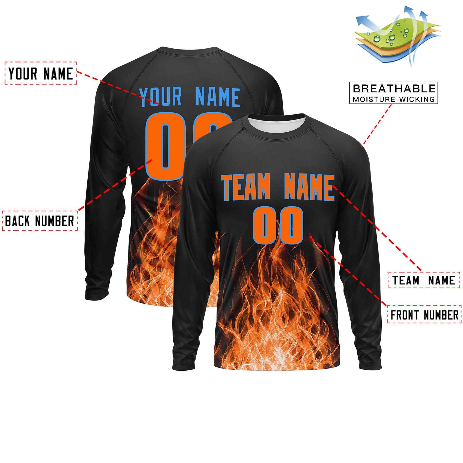 Custom Black Orange Colorful Flame Pattern Long Sleeve Performance T-Shirt| KXKSHOP