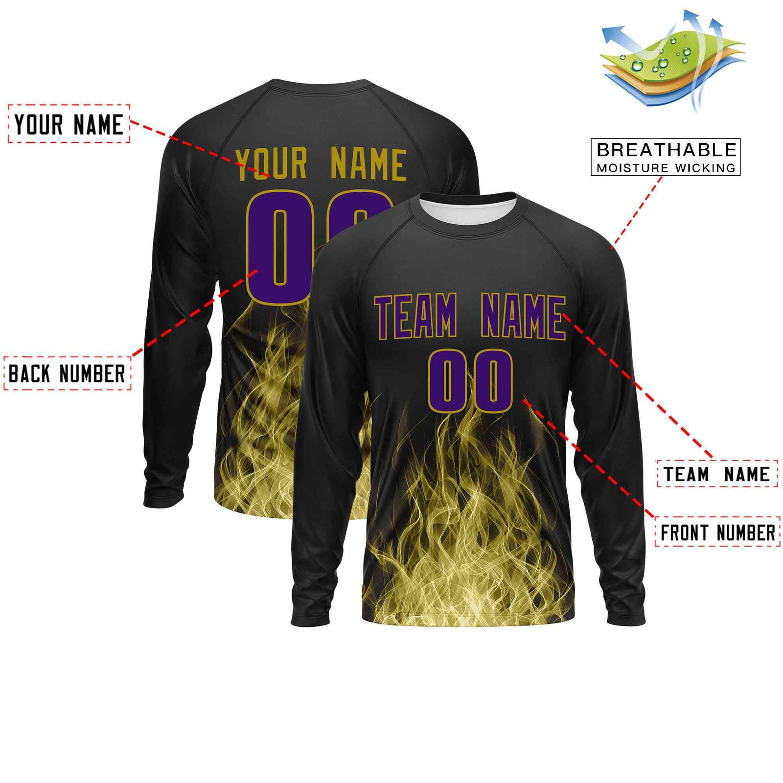 Custom Black Old Gold Colorful Flame Pattern Long Sleeve Performance T-Shirt| KXKSHOP