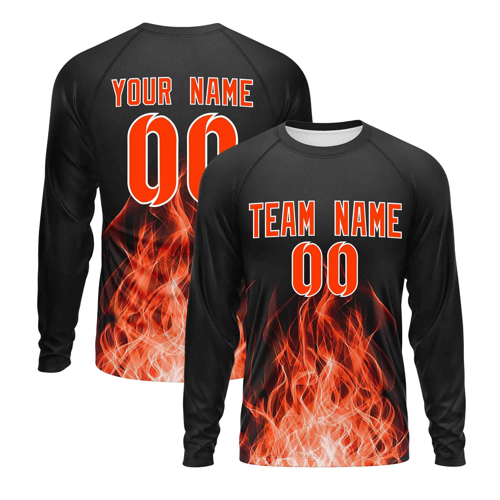 Custom Black Orange Colorful Flame Pattern Long Sleeve Performance T-Shirt