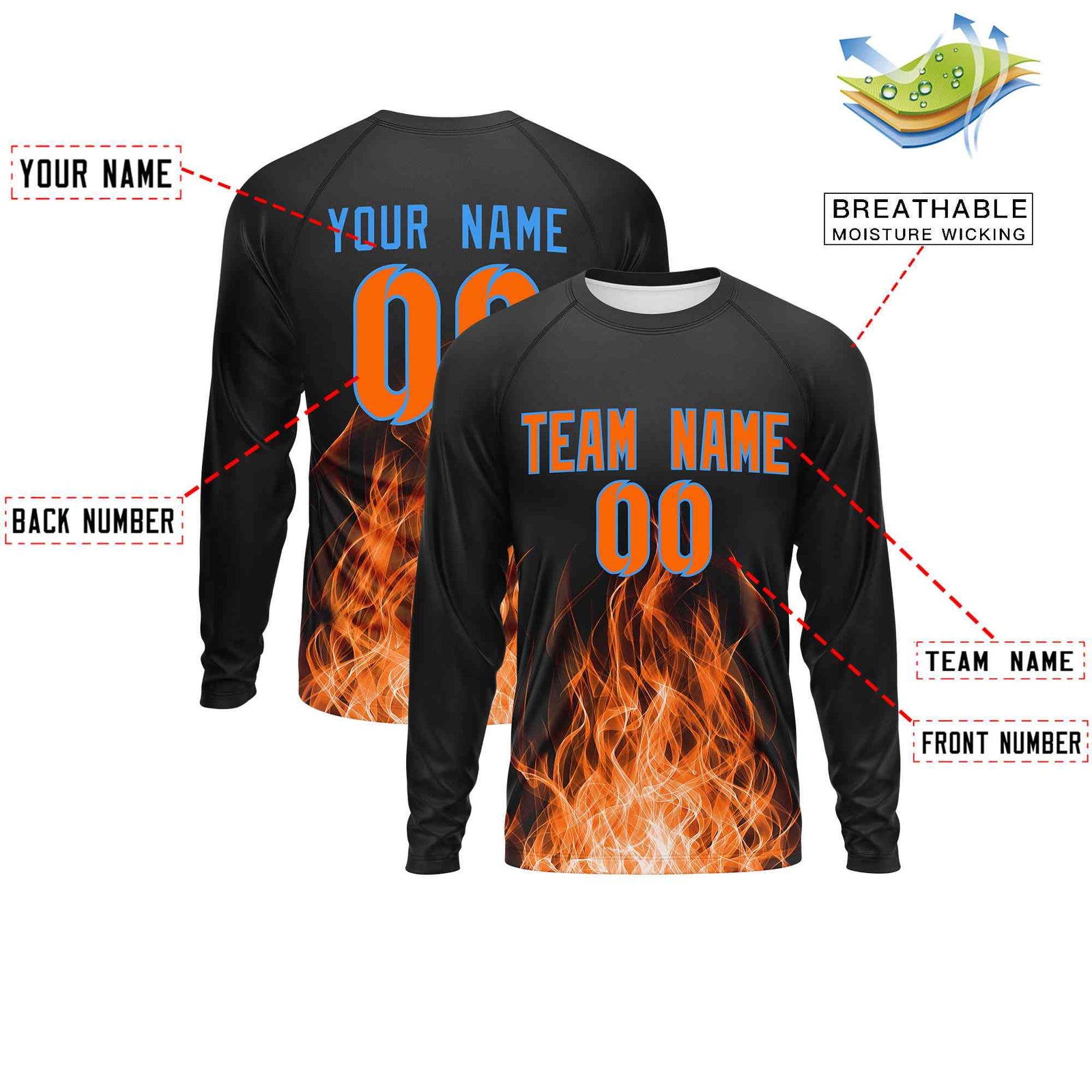 Custom Black Orange Colorful Flame Pattern Long Sleeve Performance T-Shirt
