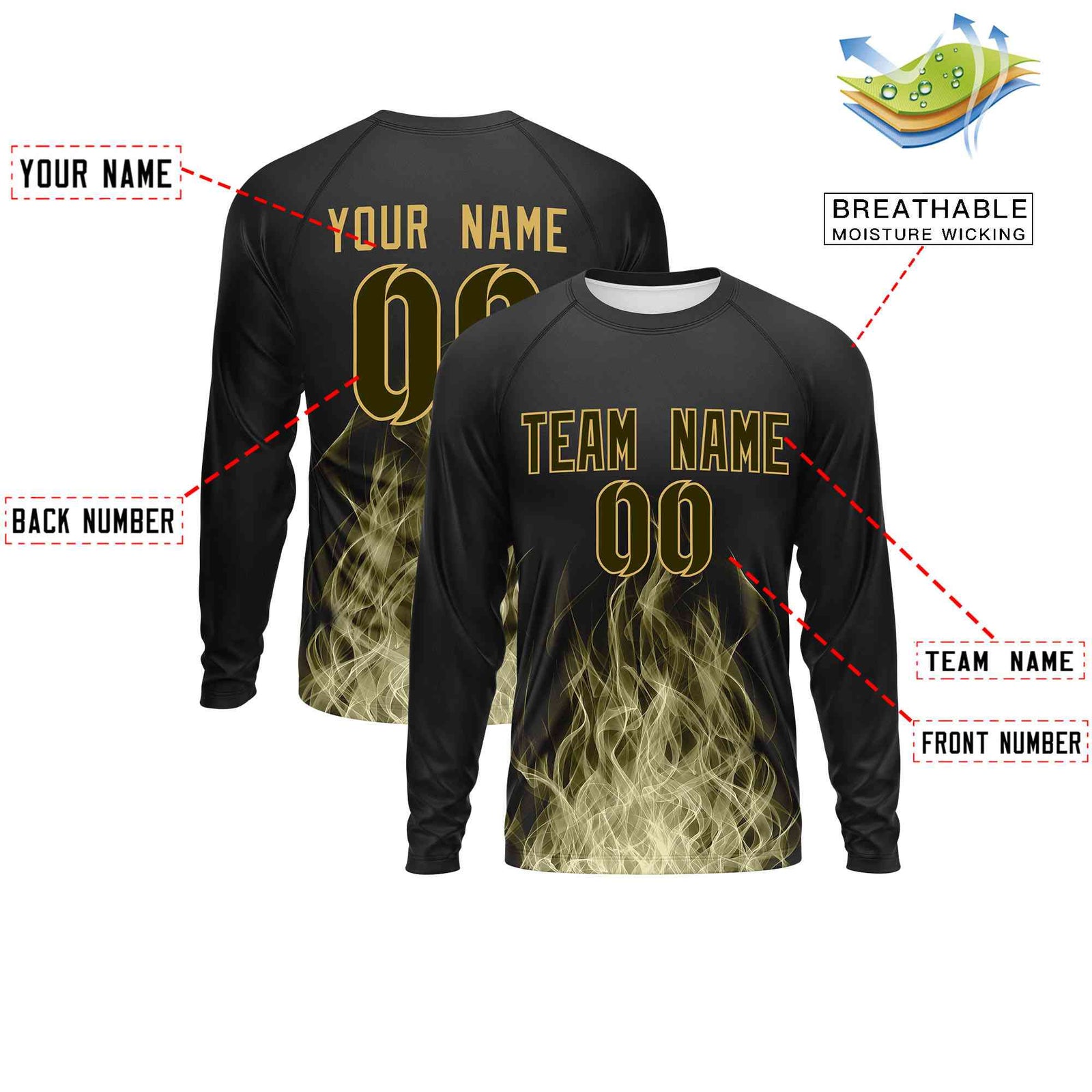 Custom Black Olive Colorful Flame Pattern Long Sleeve Performance T-Shirt