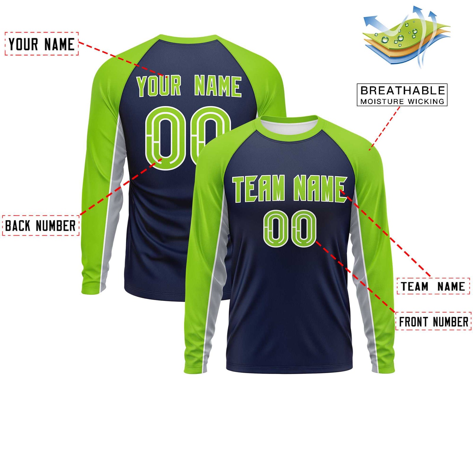 Custom Navy Neon Green Crew Neck Raglan Long Sleeve Performance T-Shirt