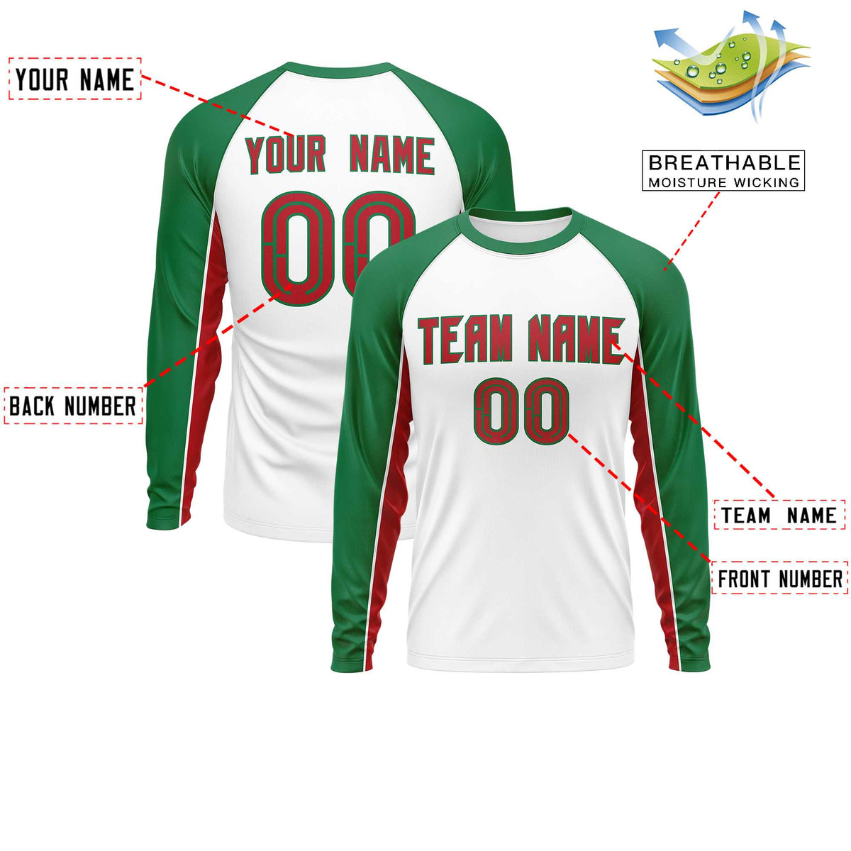 Custom White Kelly Green Crew Neck Raglan Long Sleeve Performance T-Shirt