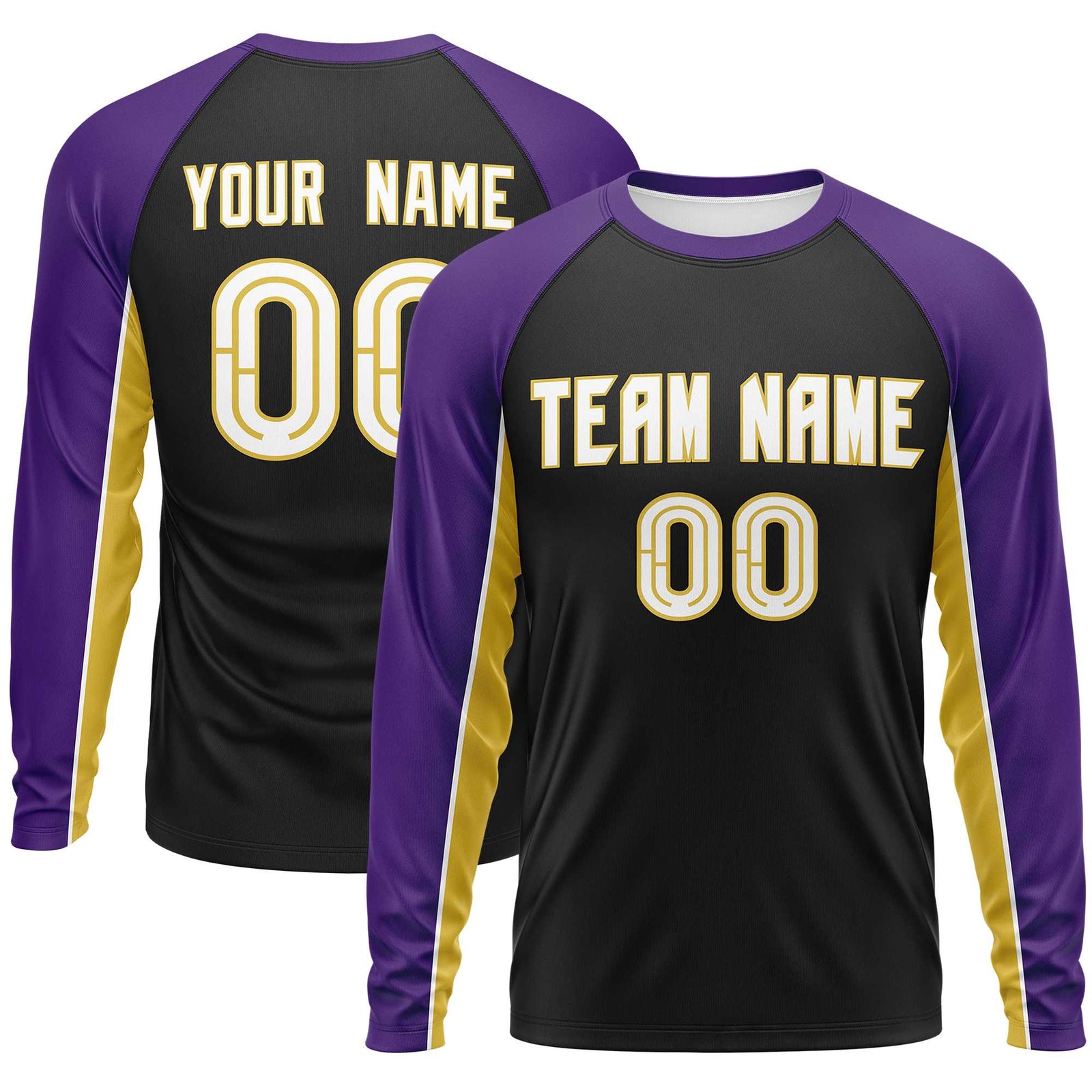 Custom Black Purple Crew Neck Raglan Long Sleeve Performance T-Shirt