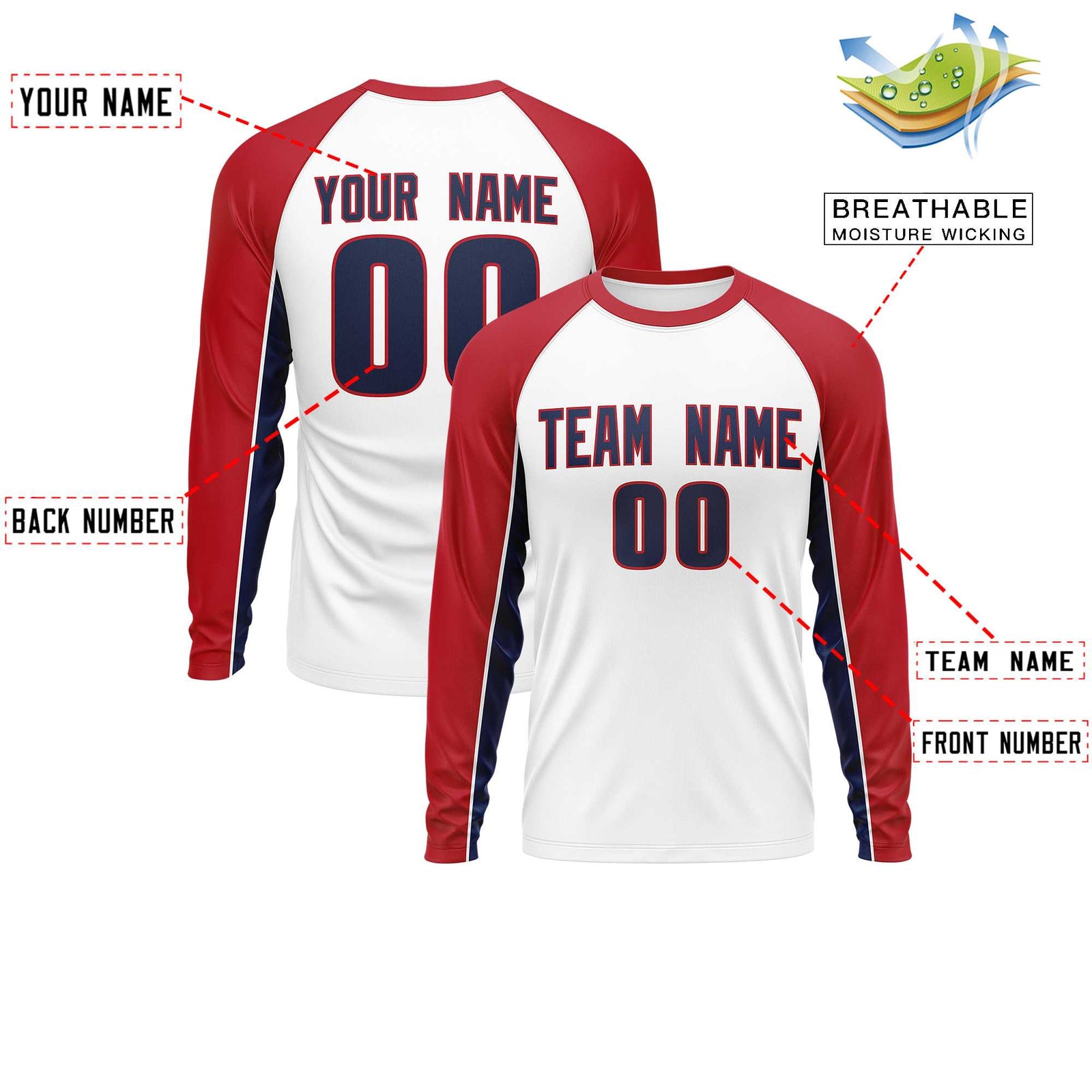 Custom White Red Crew Neck Raglan Long Sleeve Performance T-Shirt