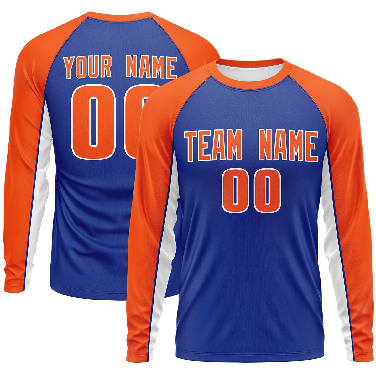 Custom Royal Orange Crew Neck Raglan Long Sleeve Performance T-Shirt
