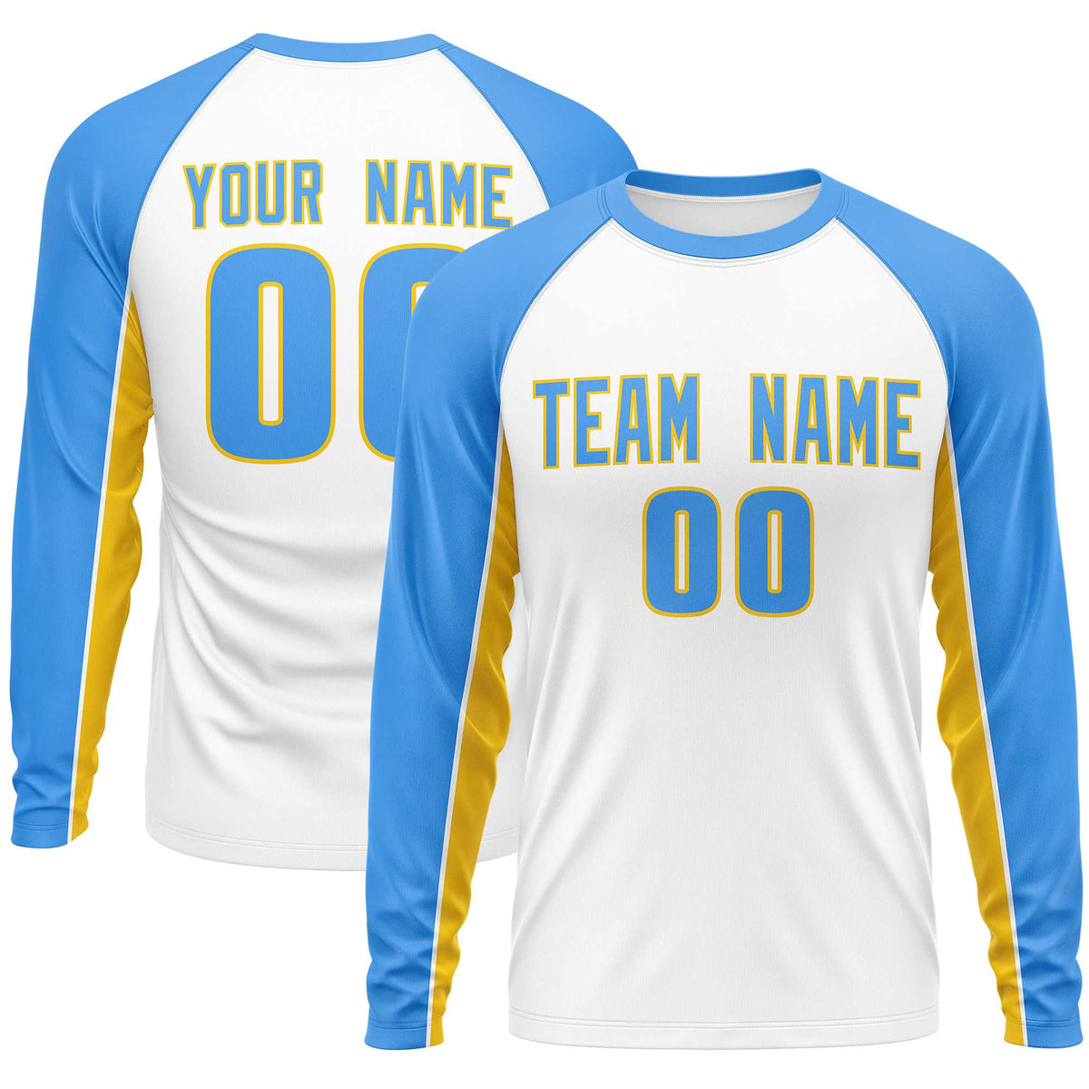 Custom White Powder Blue Crew Neck Raglan Long Sleeve Performance T-Shirt