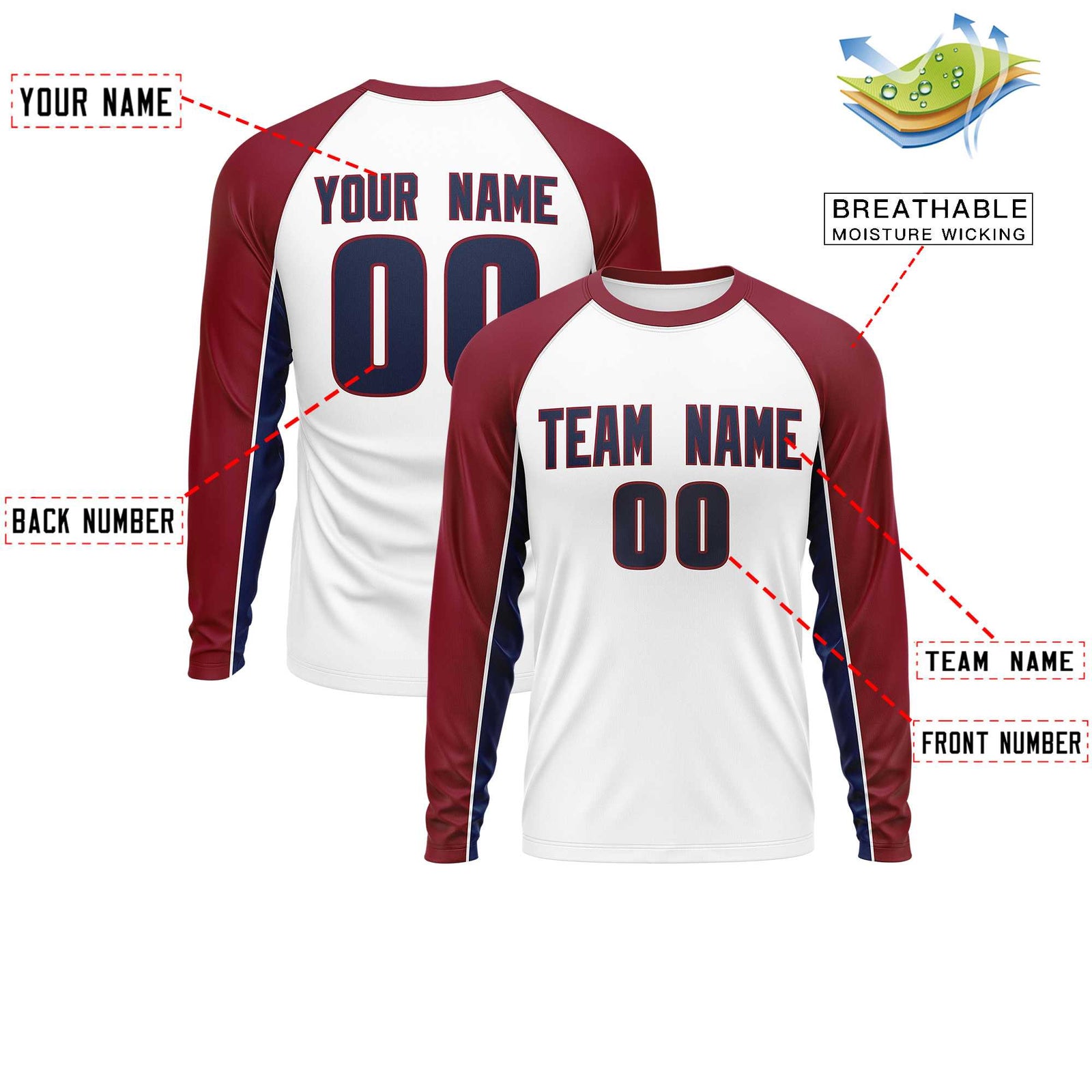 Custom White Crimson Crew Neck Raglan Long Sleeve Performance T-Shirt