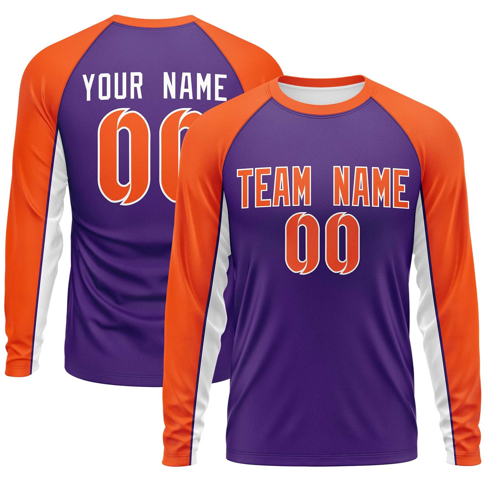 Custom Purple Orange Crew Neck Raglan Long Sleeve Performance T-Shirt