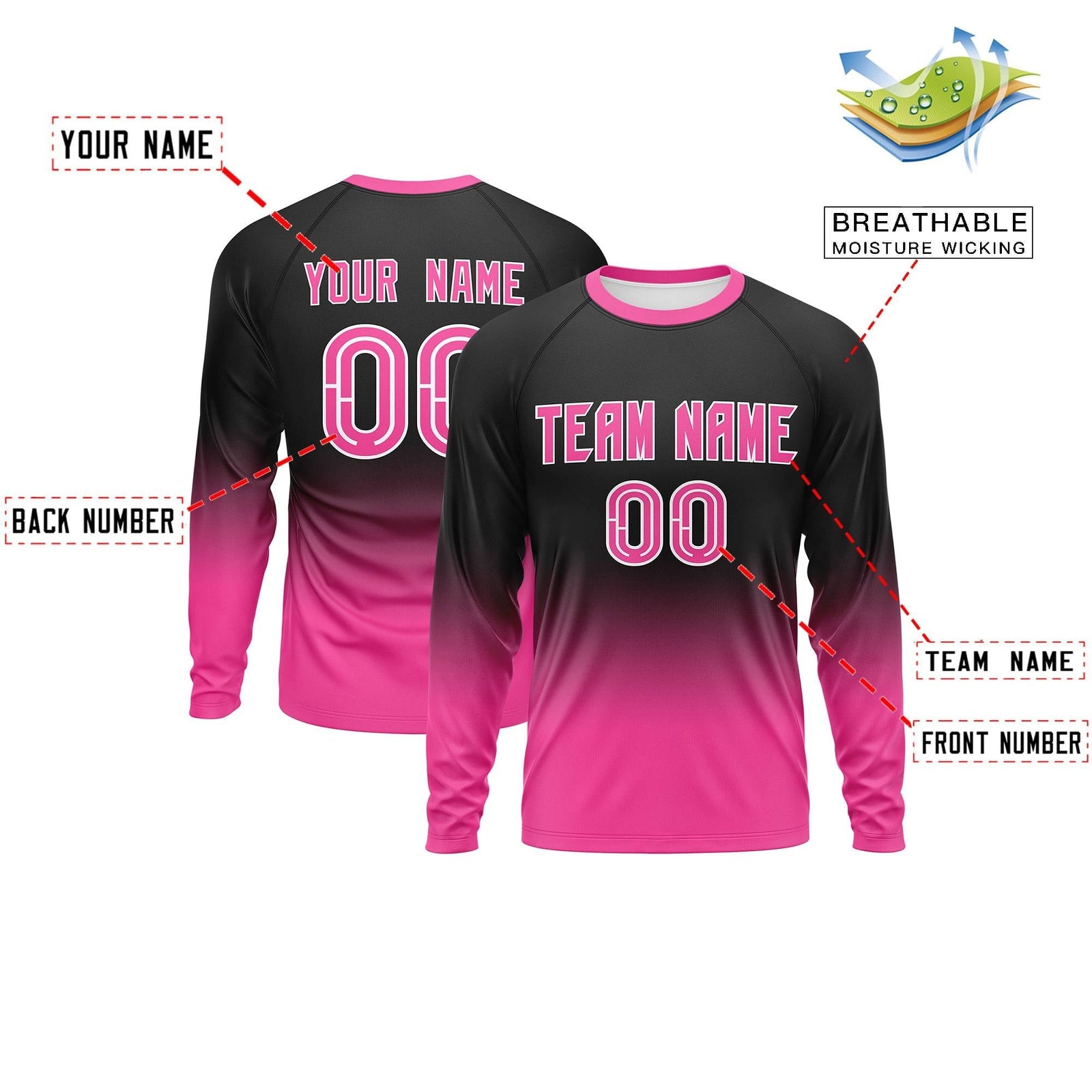 Custom Black-Pink Gradient Fashion Design Long Sleeve Performance T-Shirt