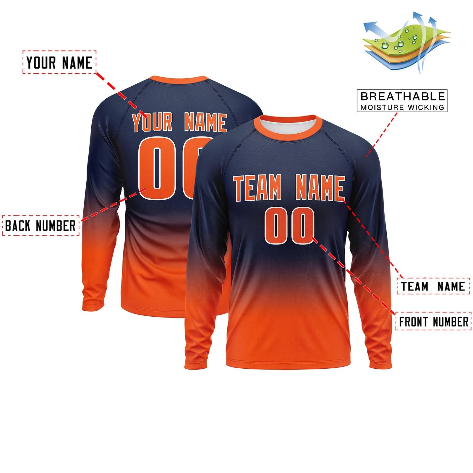 Custom Navy-Orange Gradient Fashion Design Long Sleeve Performance T-Shirt