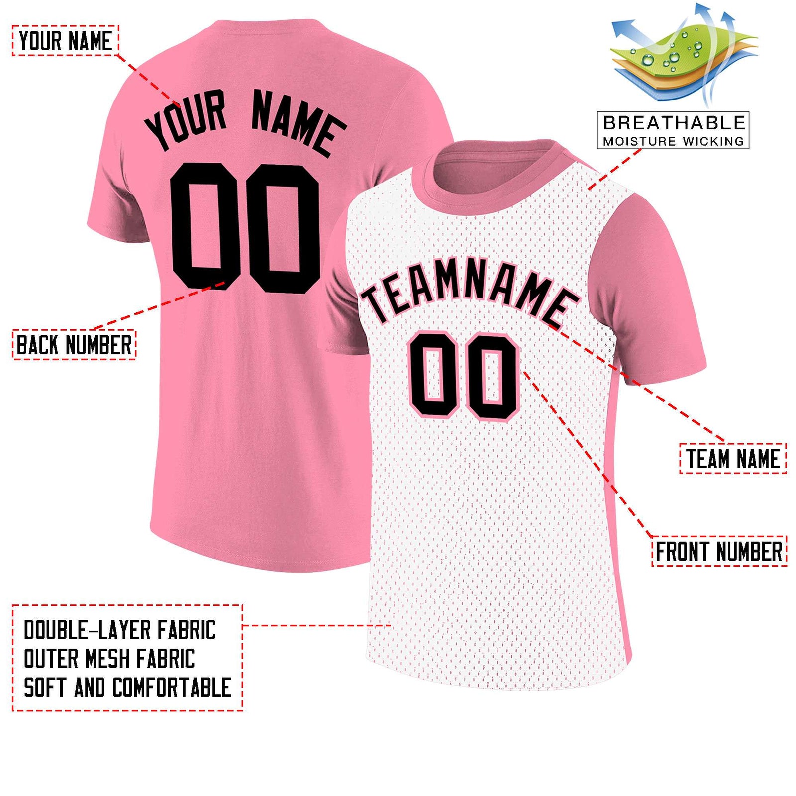 Custom Light Pink White Mesh Two Tone T-Shirt