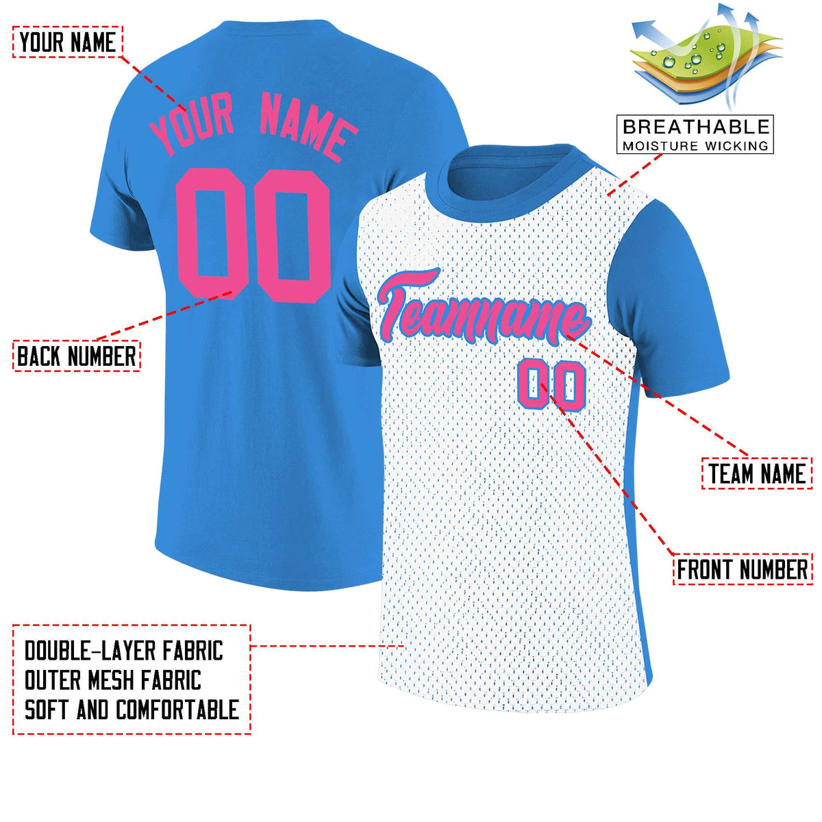 Custom Light Blue White Mesh Two Tone T-Shirt