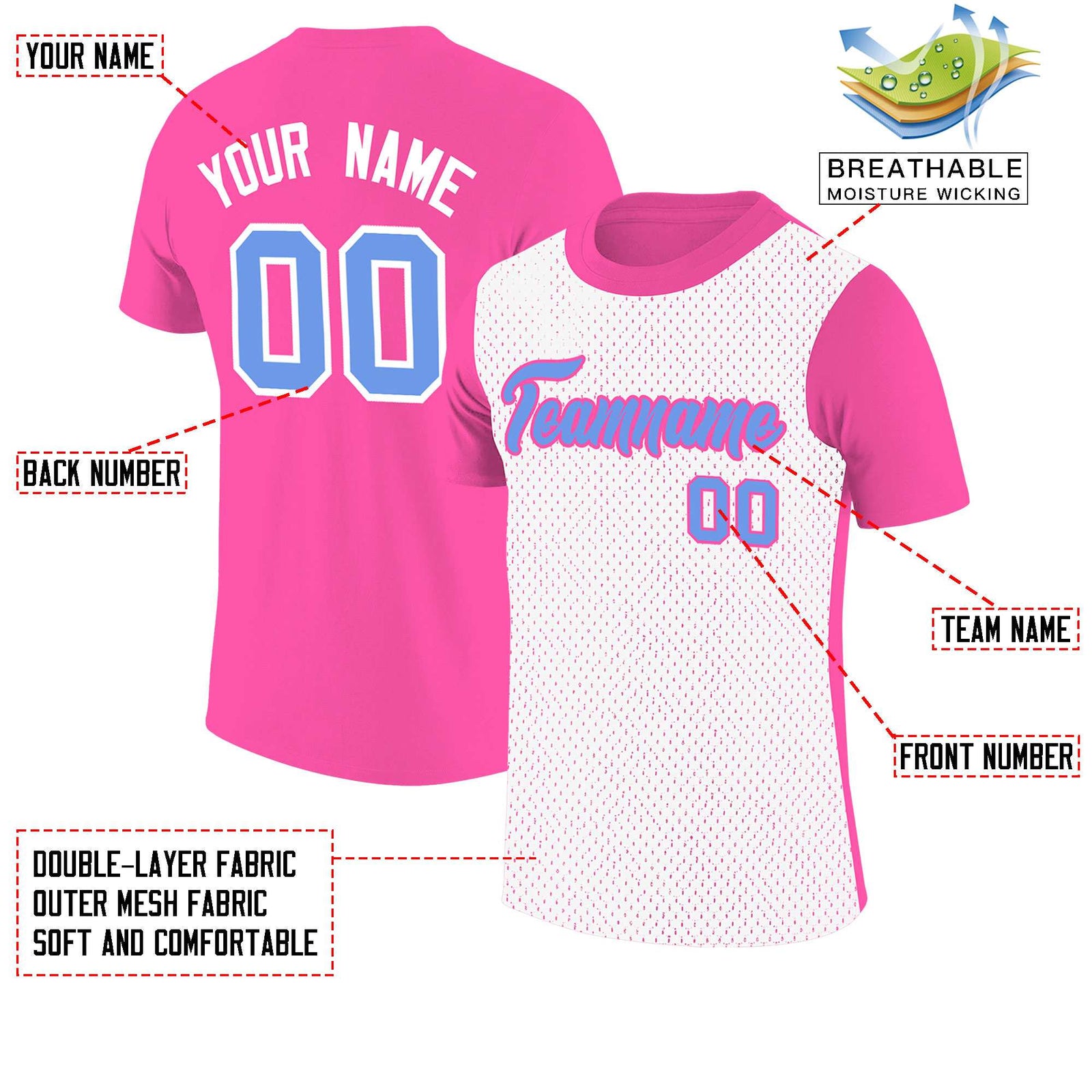 Custom Pink White Mesh Two Tone T-Shirt