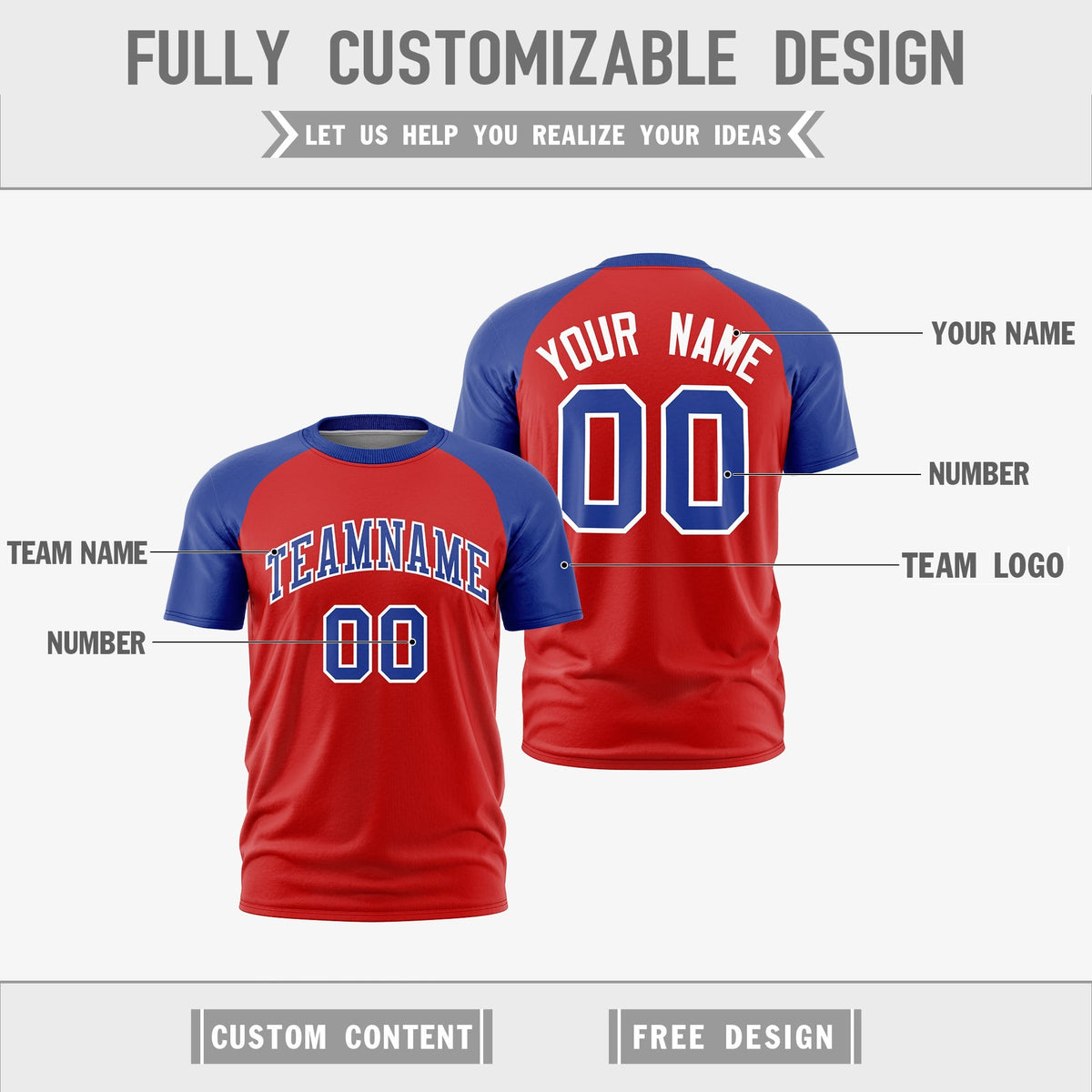 Custom Red Royal Blue White Reversible Raglan Sleeves Moisture-Wicking T-shirt| KXKSHOP