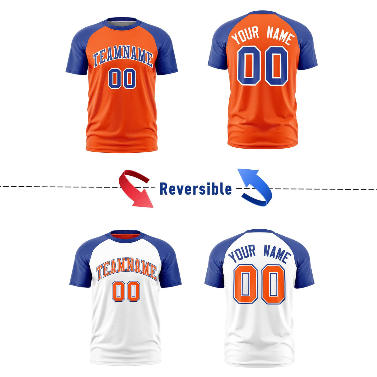 Custom Orange Royal Blue White Reversible Raglan Sleeves Quick Dry T-shirt| KXKSHOP