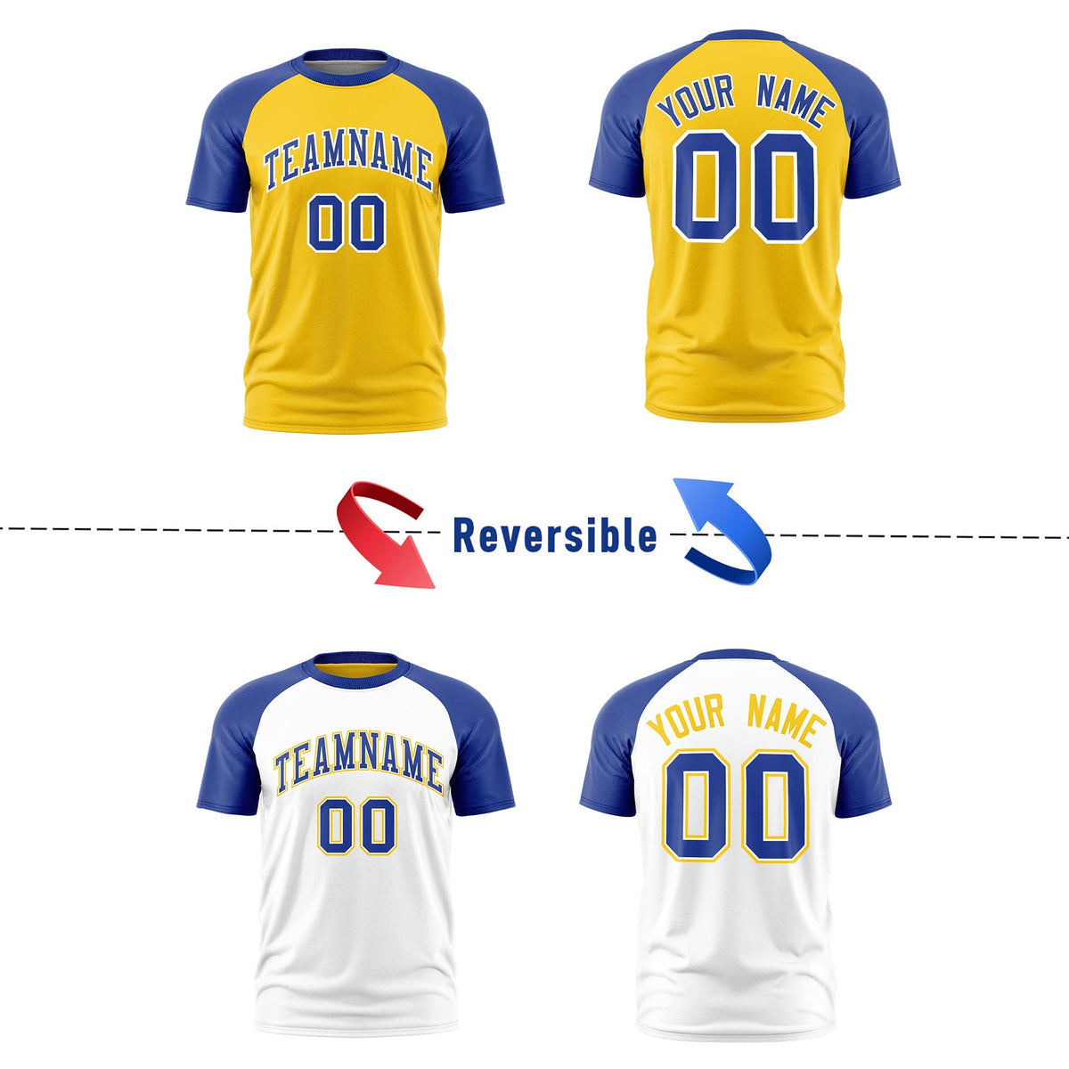 Custom Gold Royal Blue White Reversible Raglan Sleeves Moisture-Wicking T-shirt| KXKSHOP