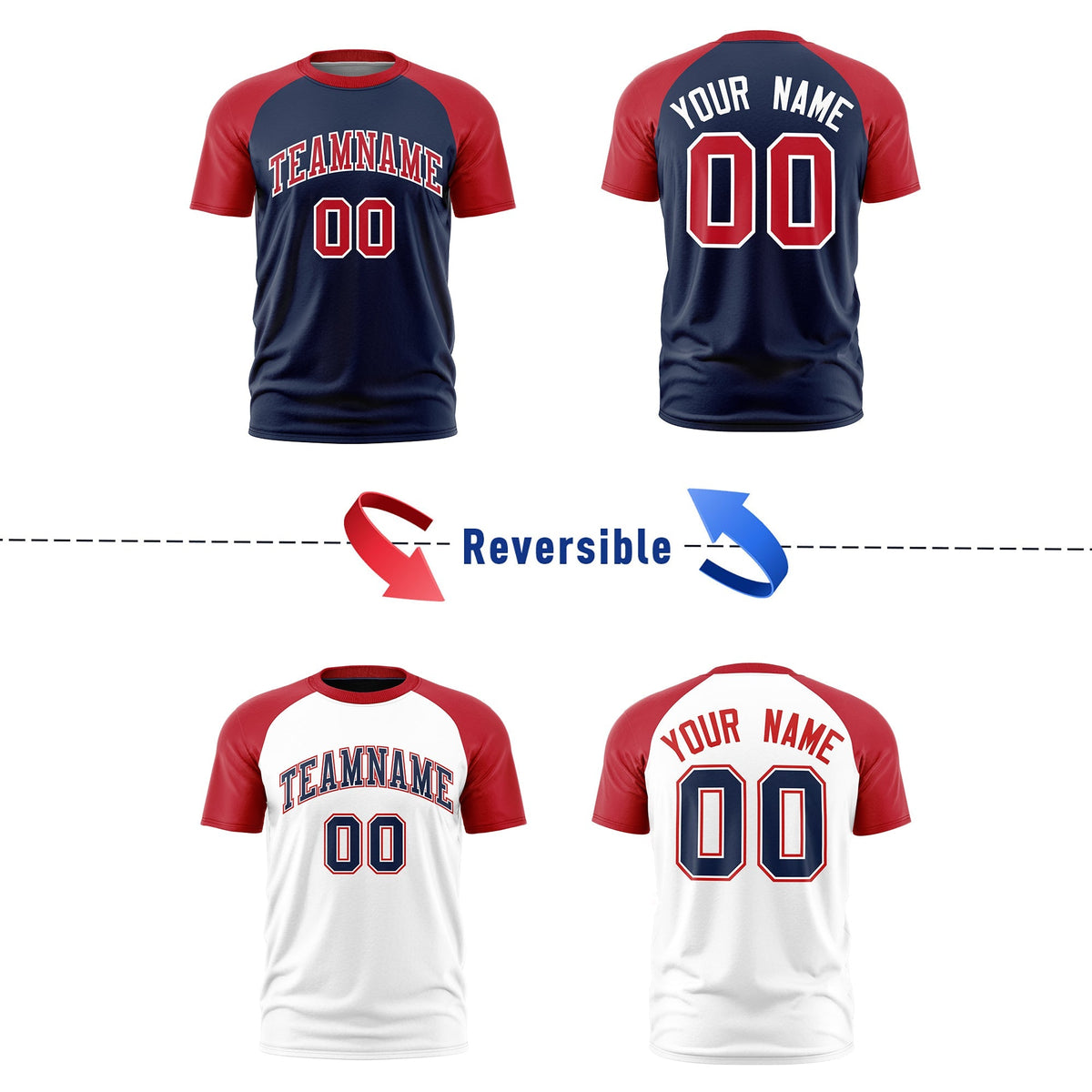 Custom Navy Red White Reversible Raglan Sleeves Moisture-Wicking T-shirt| KXKSHOP