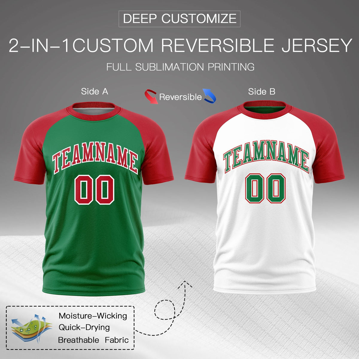 Custom Kelly Green Red White Reversible Raglan Sleeves Quick Dry T-shirt| KXKSHOP