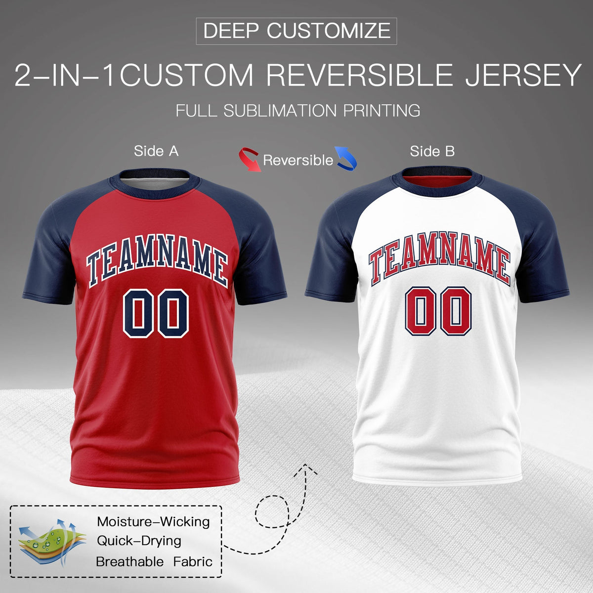 Custom Red Navy White Reversible Raglan Sleeves Quick Dry T-shirt| KXKSHOP