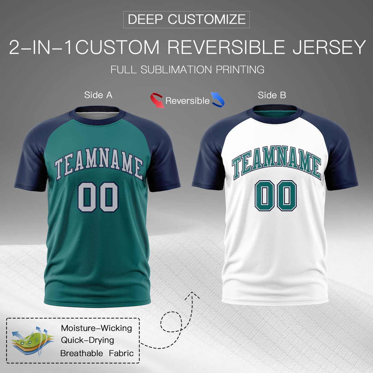 Custom Teal Navy Silver Reversible Raglan Sleeves Moisture-Wicking T-shirt| KXKSHOP