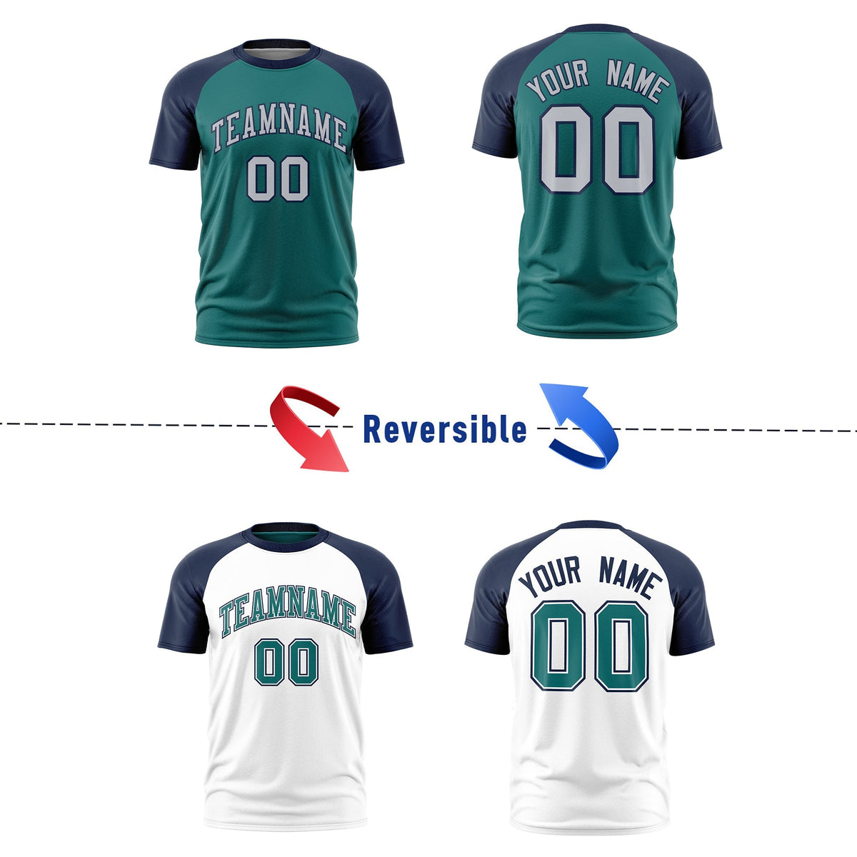 Custom Teal Navy Silver Reversible Raglan Sleeves Moisture-Wicking T-shirt| KXKSHOP