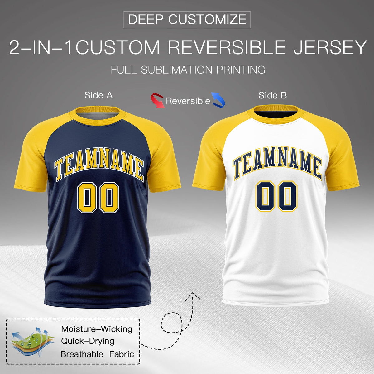 Custom Navy Gold White Reversible Raglan Sleeves Quick Dry T-shirt| KXKSHOP