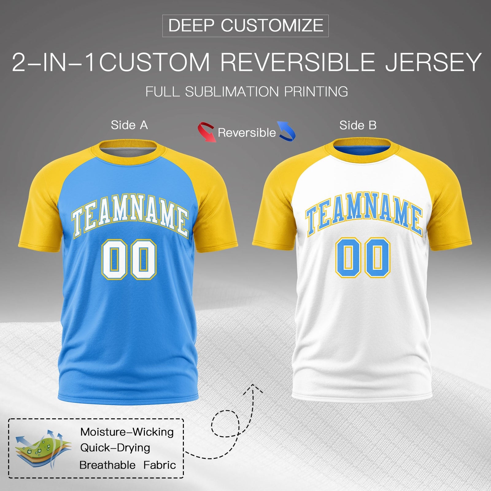 Custom Powder Blue Gold White Reversible Raglan Sleeves Moisture-Wicking T-shirt| KXKSHOP