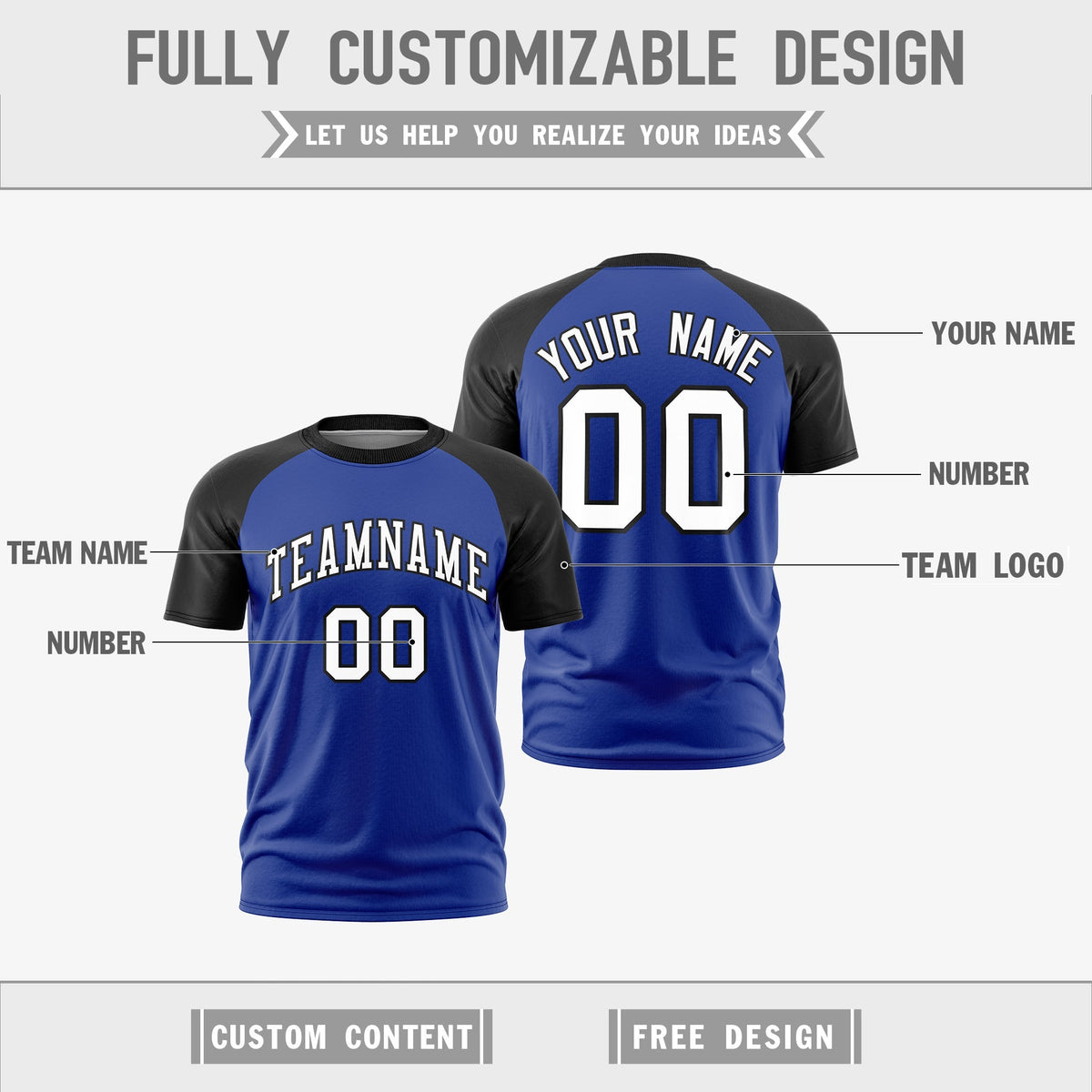 Custom Royal Blue Black White Reversible Raglan Sleeves Moisture-Wicking T-shirt| KXKSHOP
