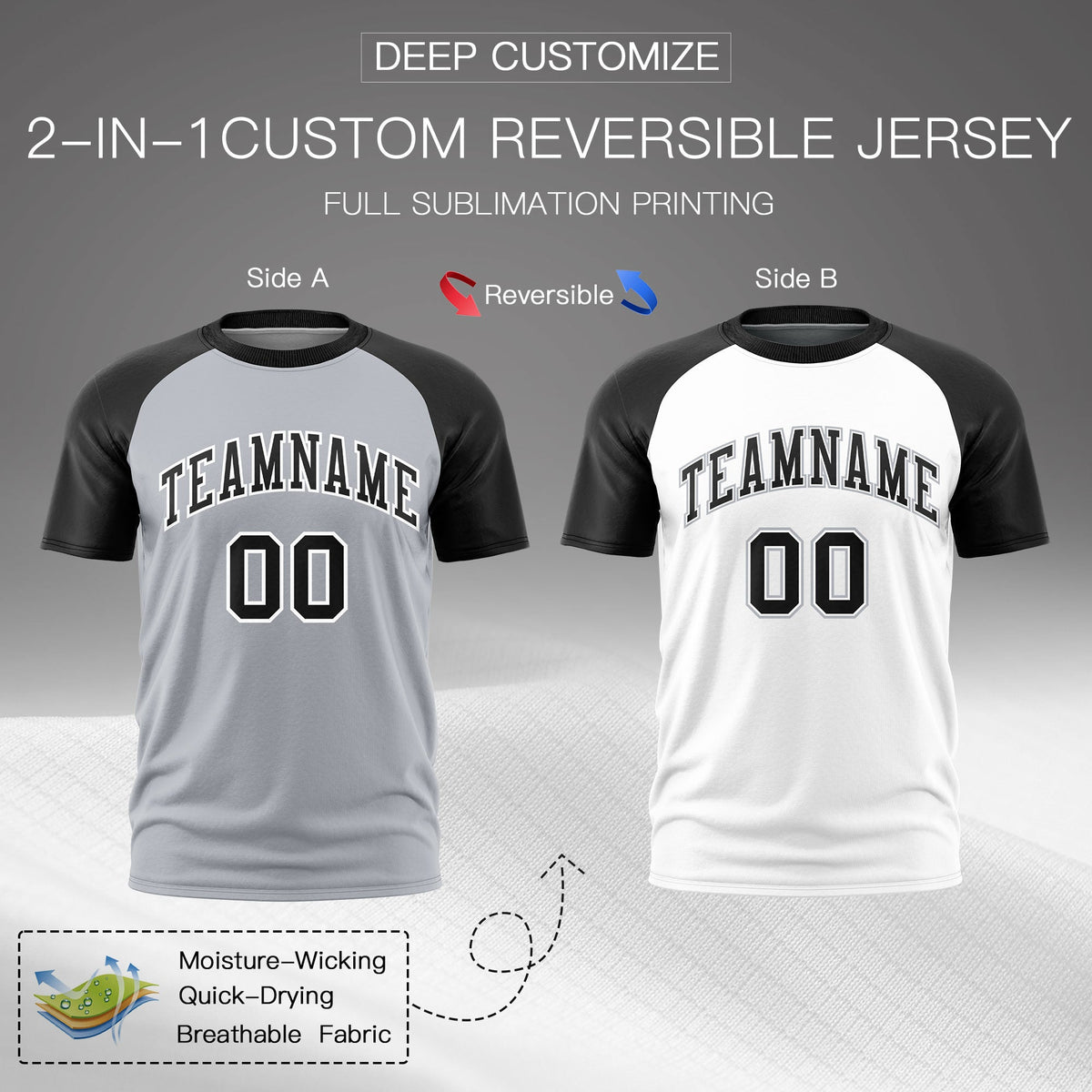 Custom Silver Black White Reversible Raglan Sleeves Quick Dry T-shirt| KXKSHOP