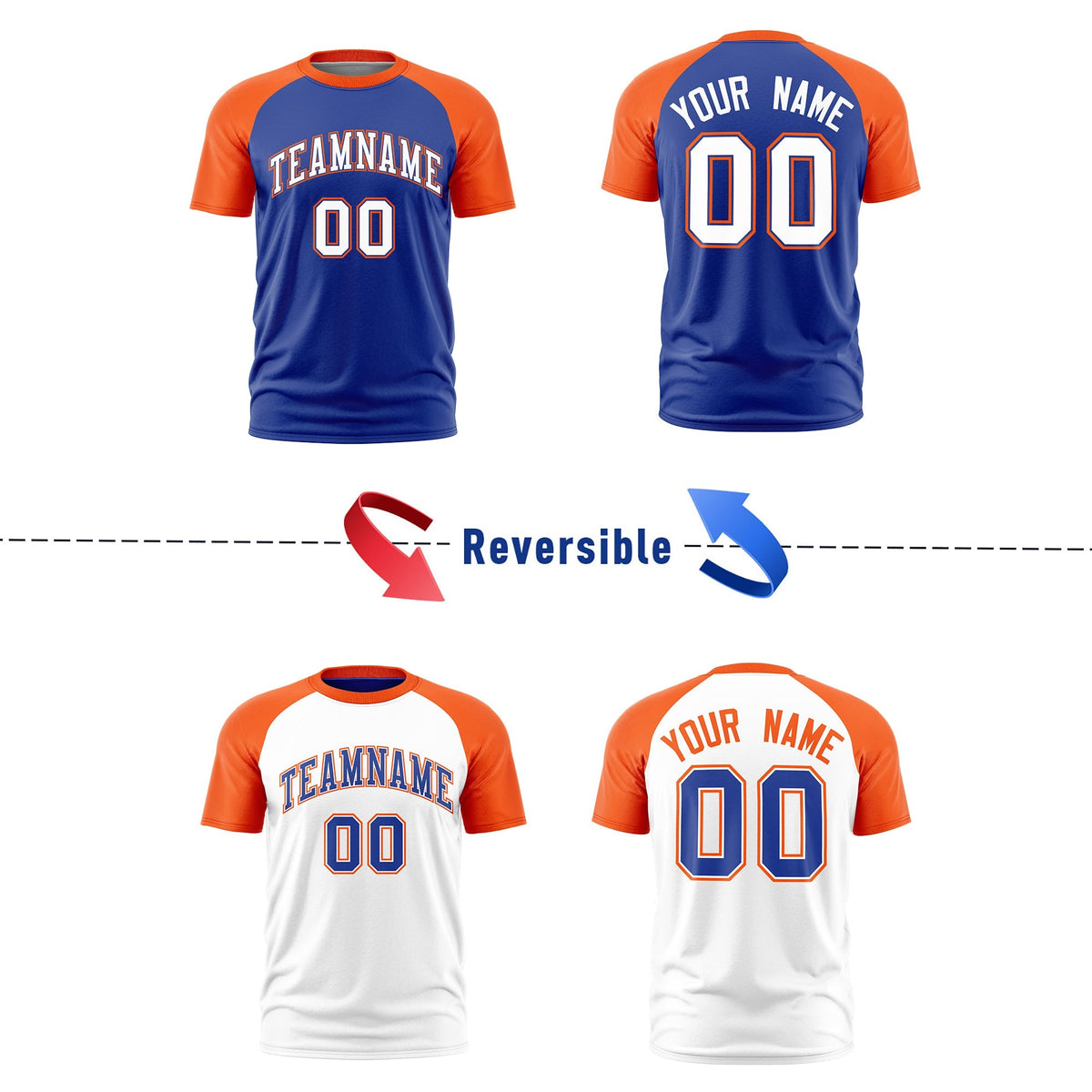Custom Royal Blue Orange White Reversible Raglan Sleeves Moisture-Wicking T-shirt| KXKSHOP
