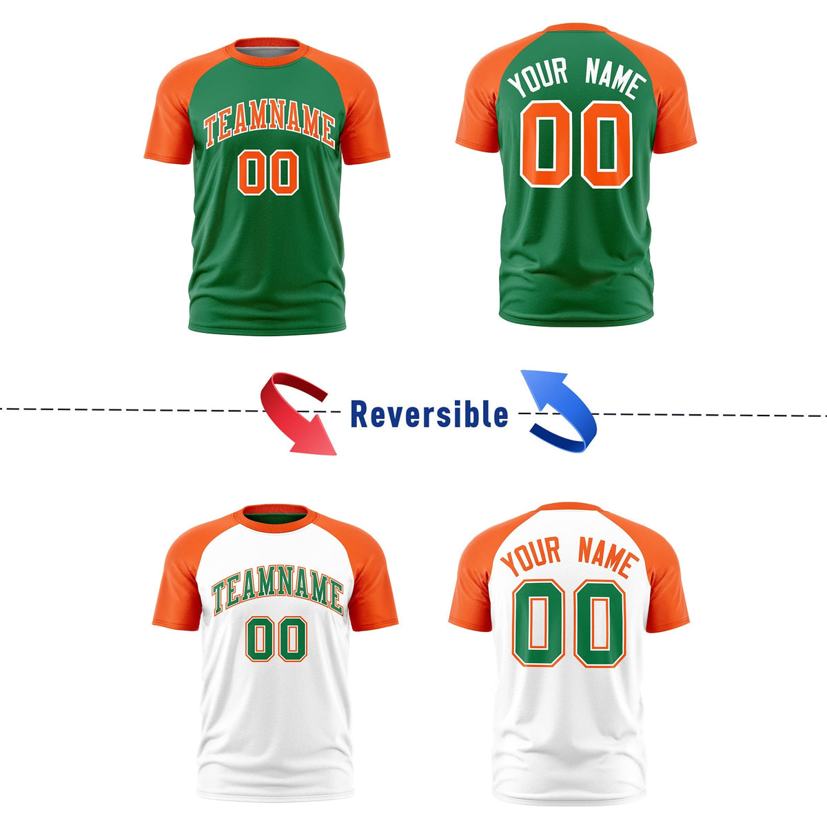Custom Kelly Green Orange White Reversible Raglan Sleeves Quick Dry T-shirt| KXKSHOP
