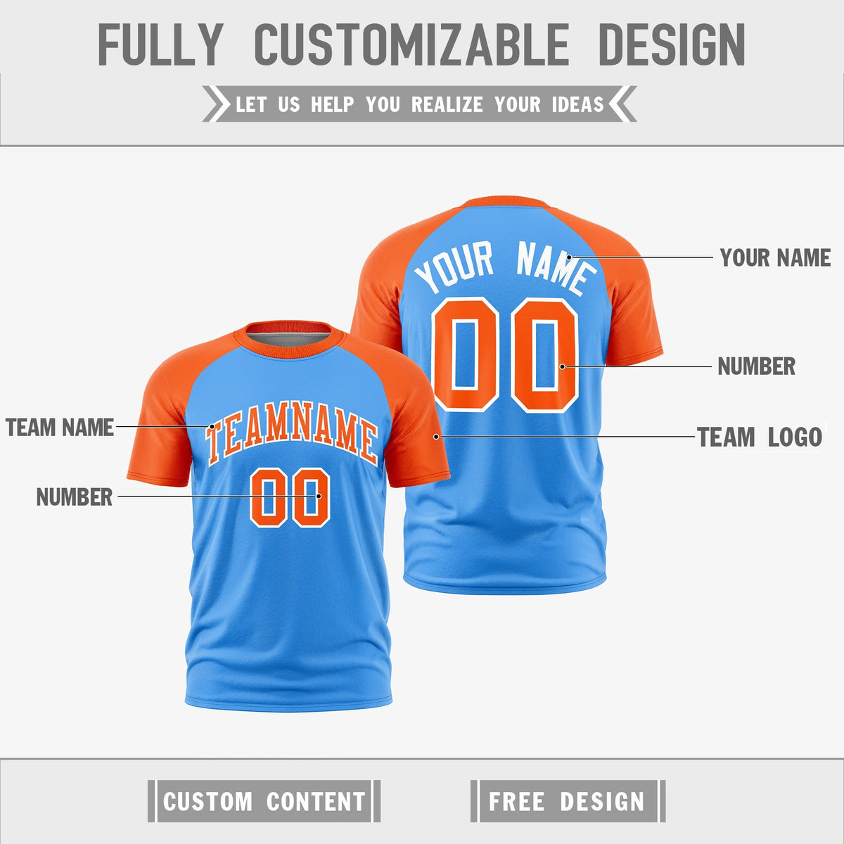Custom Powder Blue Orange White Reversible Raglan Sleeves Moisture-Wicking T-shirt| KXKSHOP