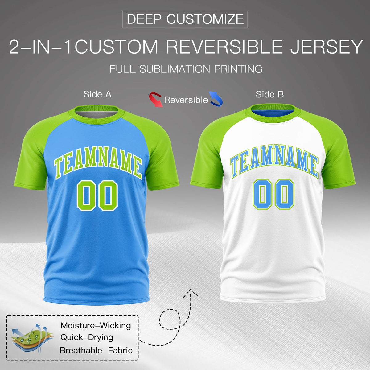 Custom Powder Blue Neon Green White Reversible Raglan Sleeves Quick Dry T-shirt| KXKSHOP