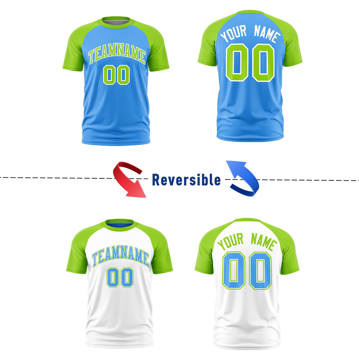 Custom Powder Blue Neon Green White Reversible Raglan Sleeves Quick Dry T-shirt| KXKSHOP