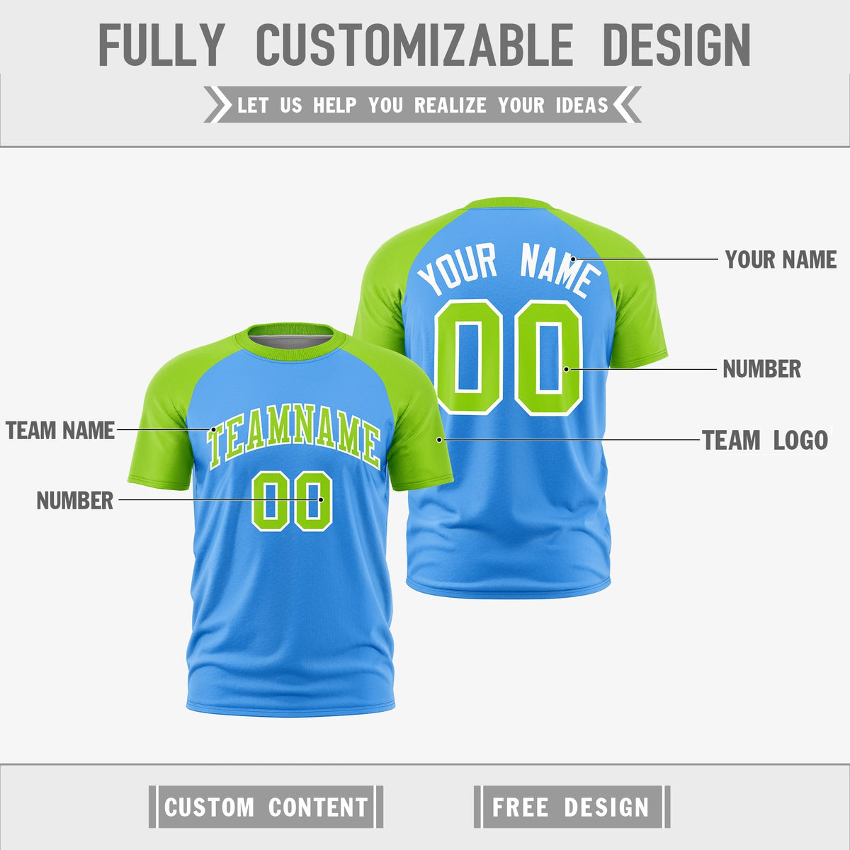 Custom Powder Blue Neon Green White Reversible Raglan Sleeves Quick Dry T-shirt| KXKSHOP