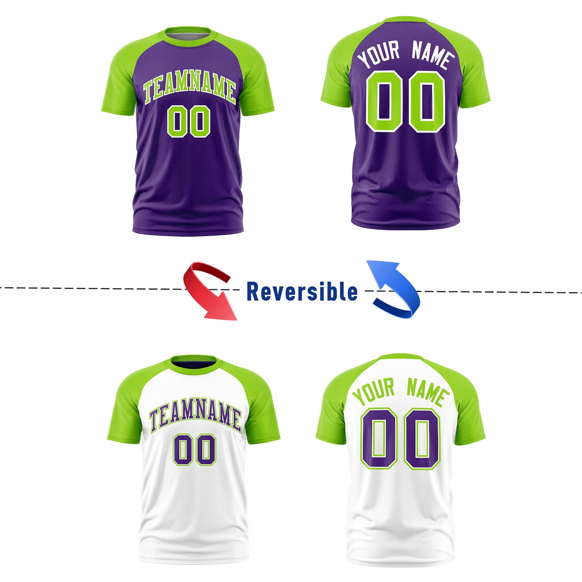 Custom Purple Neon Green White Reversible Raglan Sleeves Moisture-Wicking T-shirt| KXKSHOP