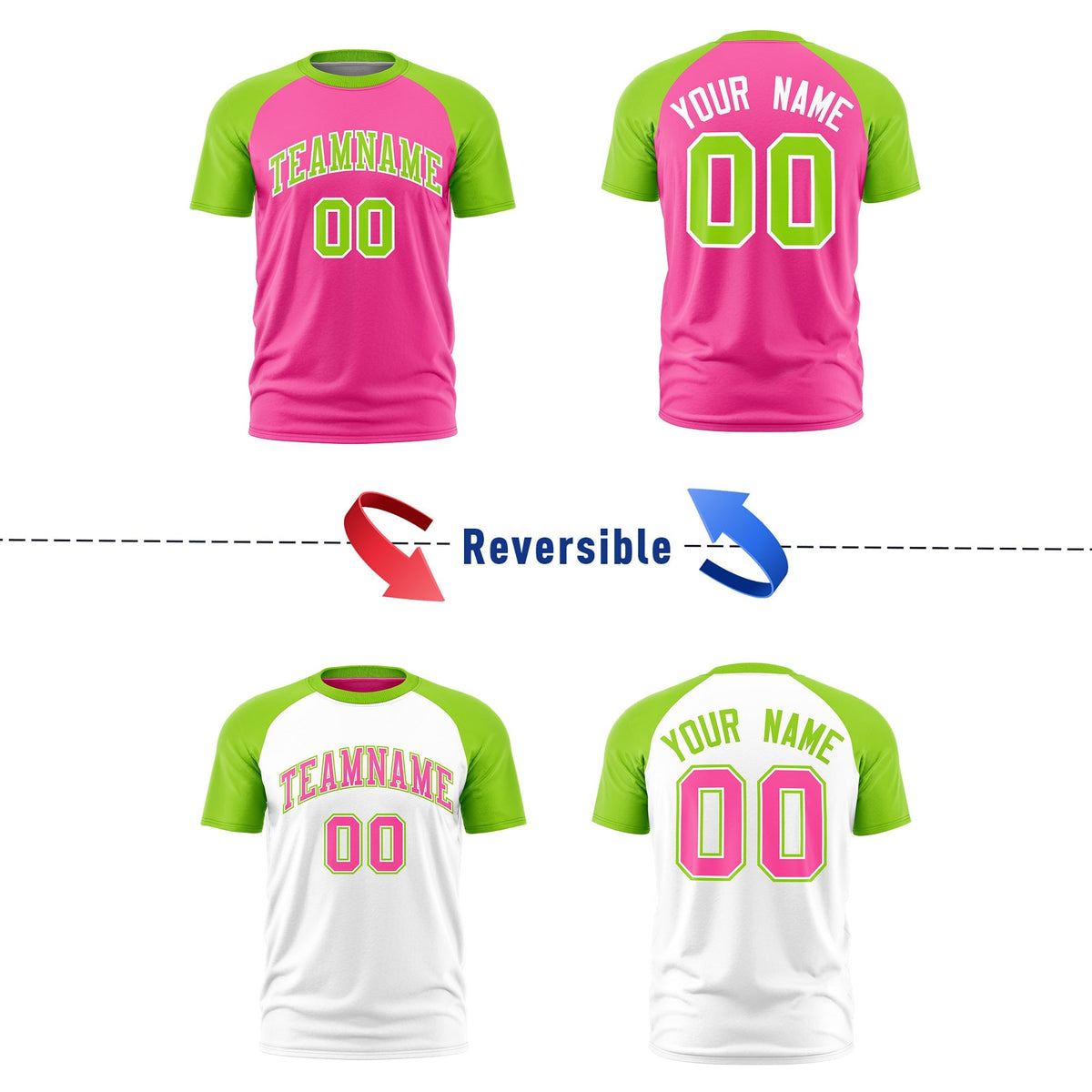 Custom Pink Neon Green White Reversible Raglan Sleeves Quick Dry T-shirt| KXKSHOP