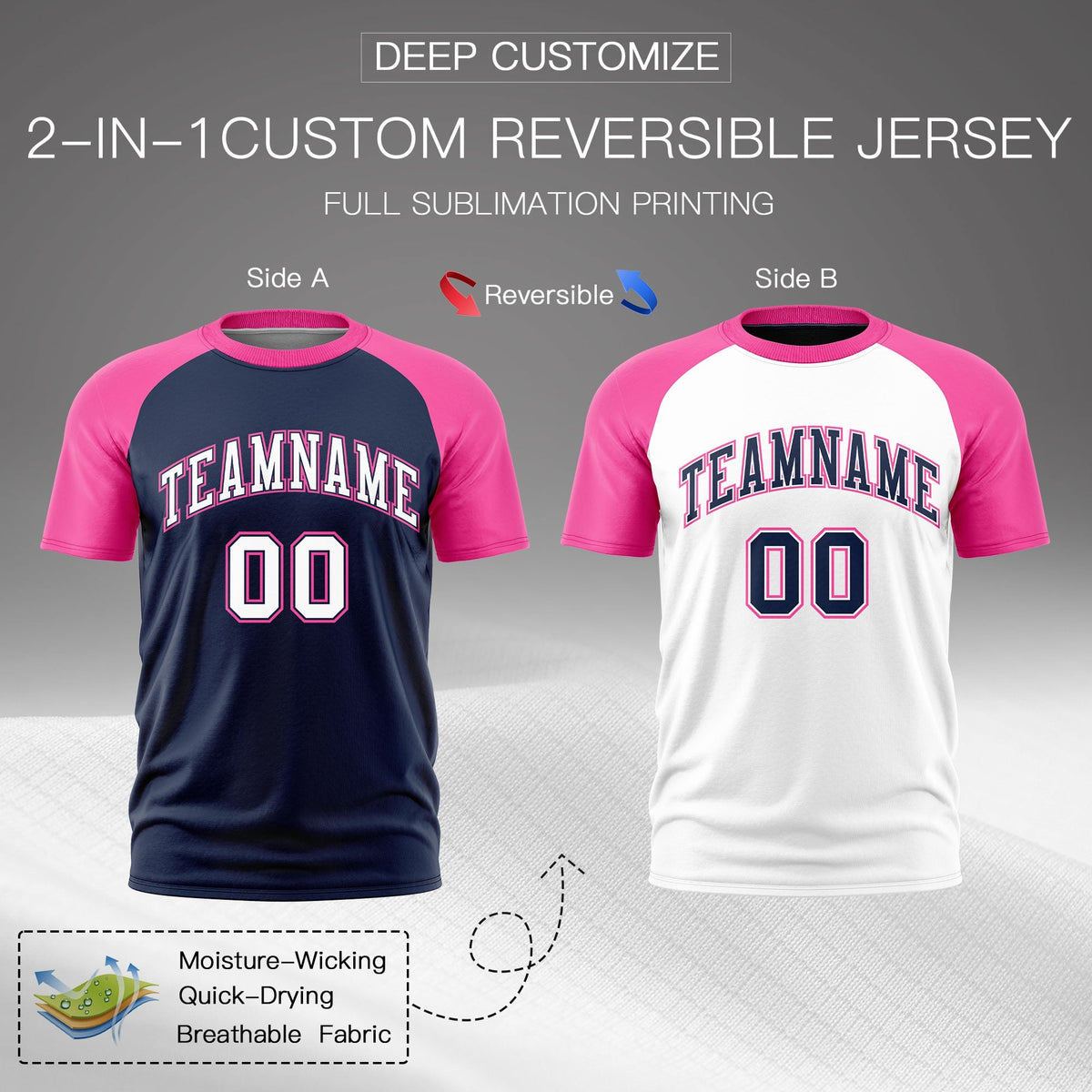 Custom White Pink Navy Reversible Raglan Sleeves Moisture-Wicking T-shirt| KXKSHOP