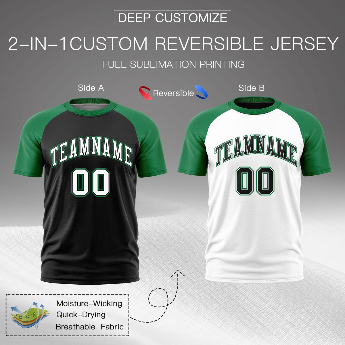 Custom Black Kelly Green White Reversible Raglan Sleeves Moisture-Wicking T-shirt| KXKSHOP