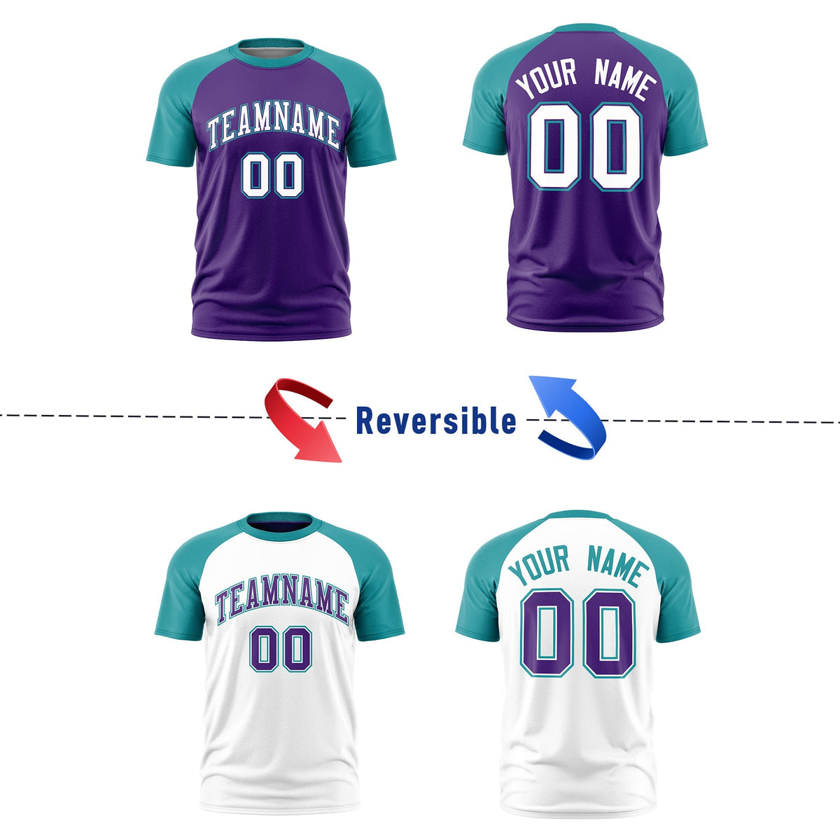 Custom Purple Teal White Reversible Raglan Sleeves Quick Dry T-shirt| KXKSHOP