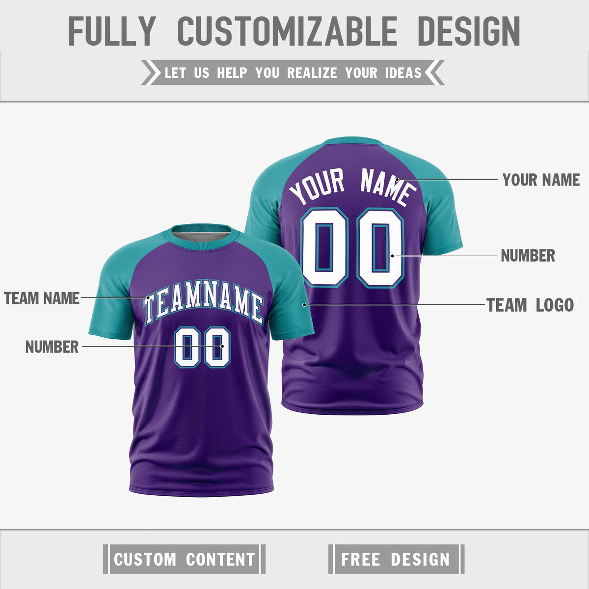 Custom Purple Teal White Reversible Raglan Sleeves Quick Dry T-shirt| KXKSHOP