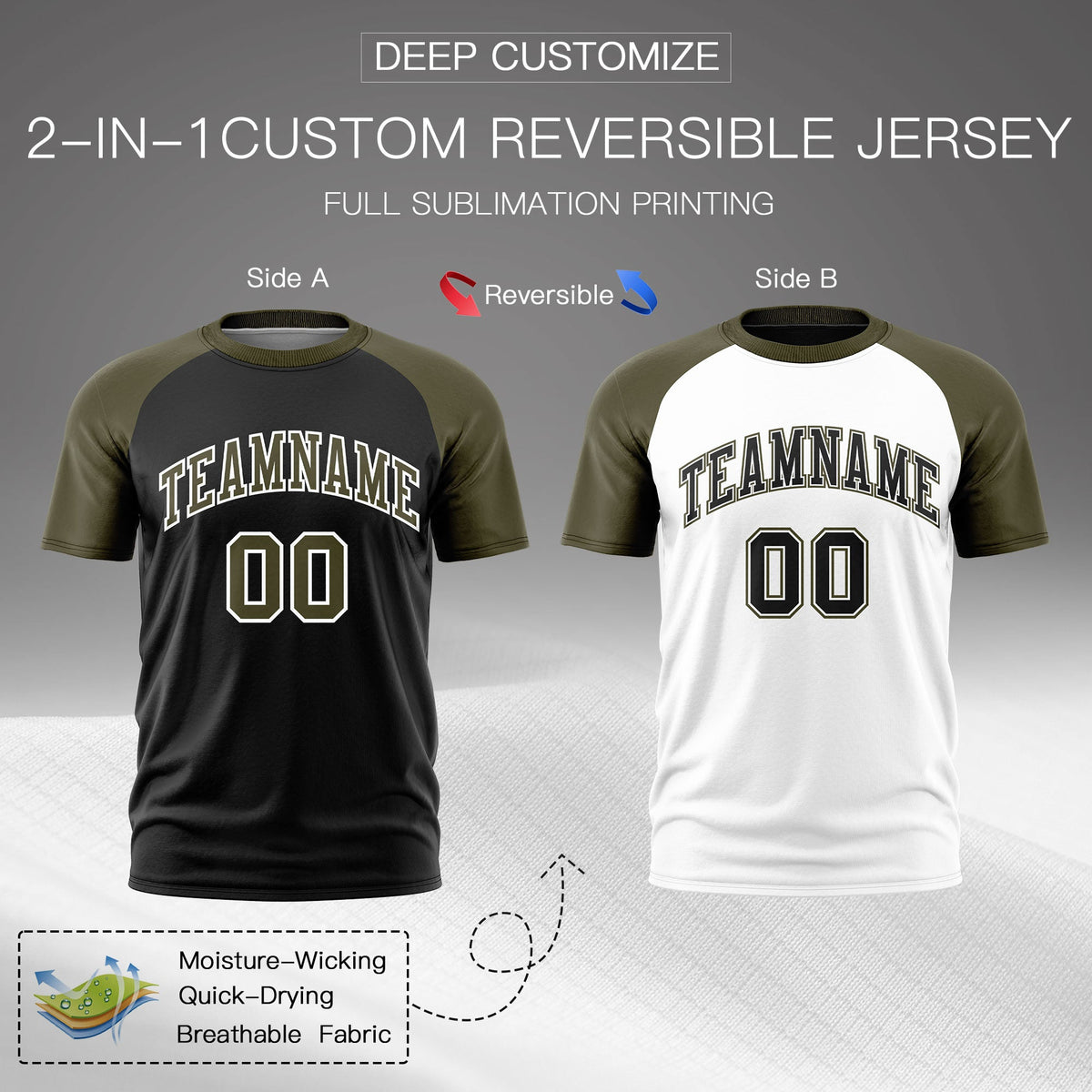 Custom Black Olive White Reversible Raglan Sleeves Quick Dry T-shirt| KXKSHOP