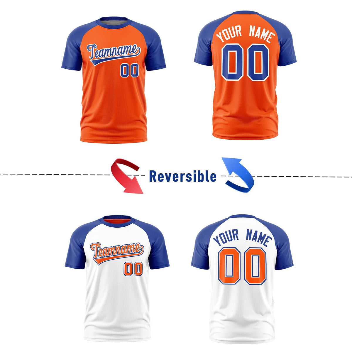 Custom Orange Royal Blue White Reversible Raglan Sleeves Quick Dry T-shirt| KXKSHOP