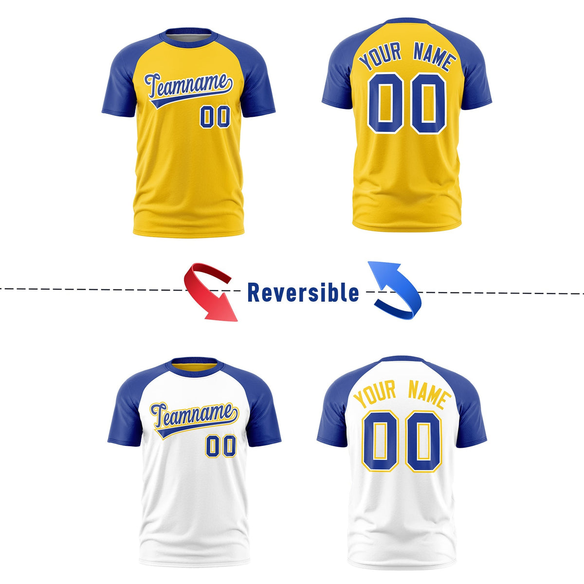 Custom Gold Royal Blue White Reversible Raglan Sleeves Moisture-Wicking T-shirt| KXKSHOP